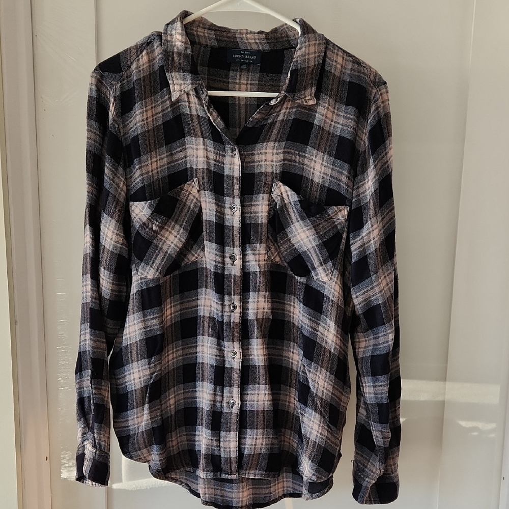 Lucky Brand Navy and White Plaid Flannel Shirt